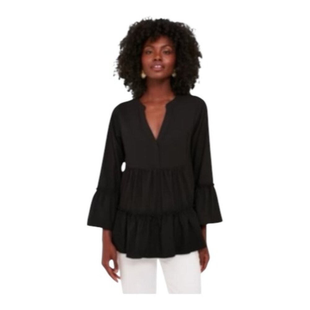 Pomander Place Large Kenzo Black Split Neck Ruffle Top EUC